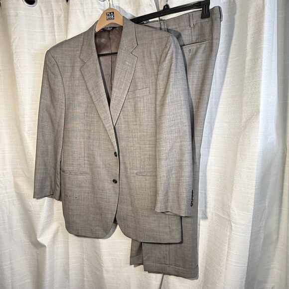 Vntg JOS A BANK Gray black small Houndstooth Suit 44R Wool Pants 37x 28.5 - Picture 2 of 13